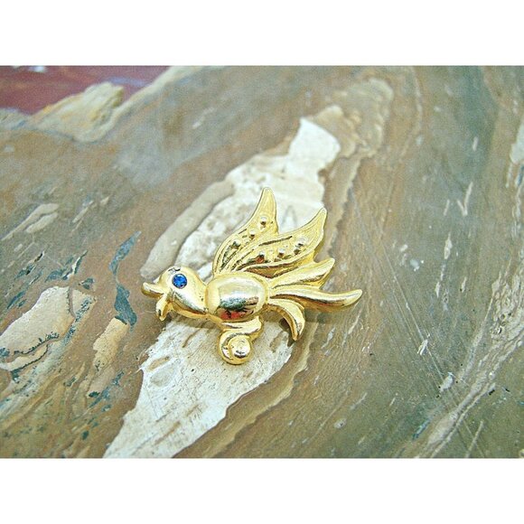 Vintage Road Runner Bird Brooch Blue Sapphire? Crystal Rhinestones Gold Tone 1x1 - Picture 10 of 12